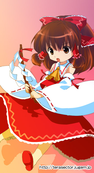 omuni, hakurei reimu, touhou, 1girl, :o, ascot, blush, brown eyes, brown hair, collar, detached sleeves, dress, female focus, gohei, gradient background, holding, long sleeves, open mouth, red dress, ribbon-trimmed sleeves, ribbon trim, simple background, solo, stick