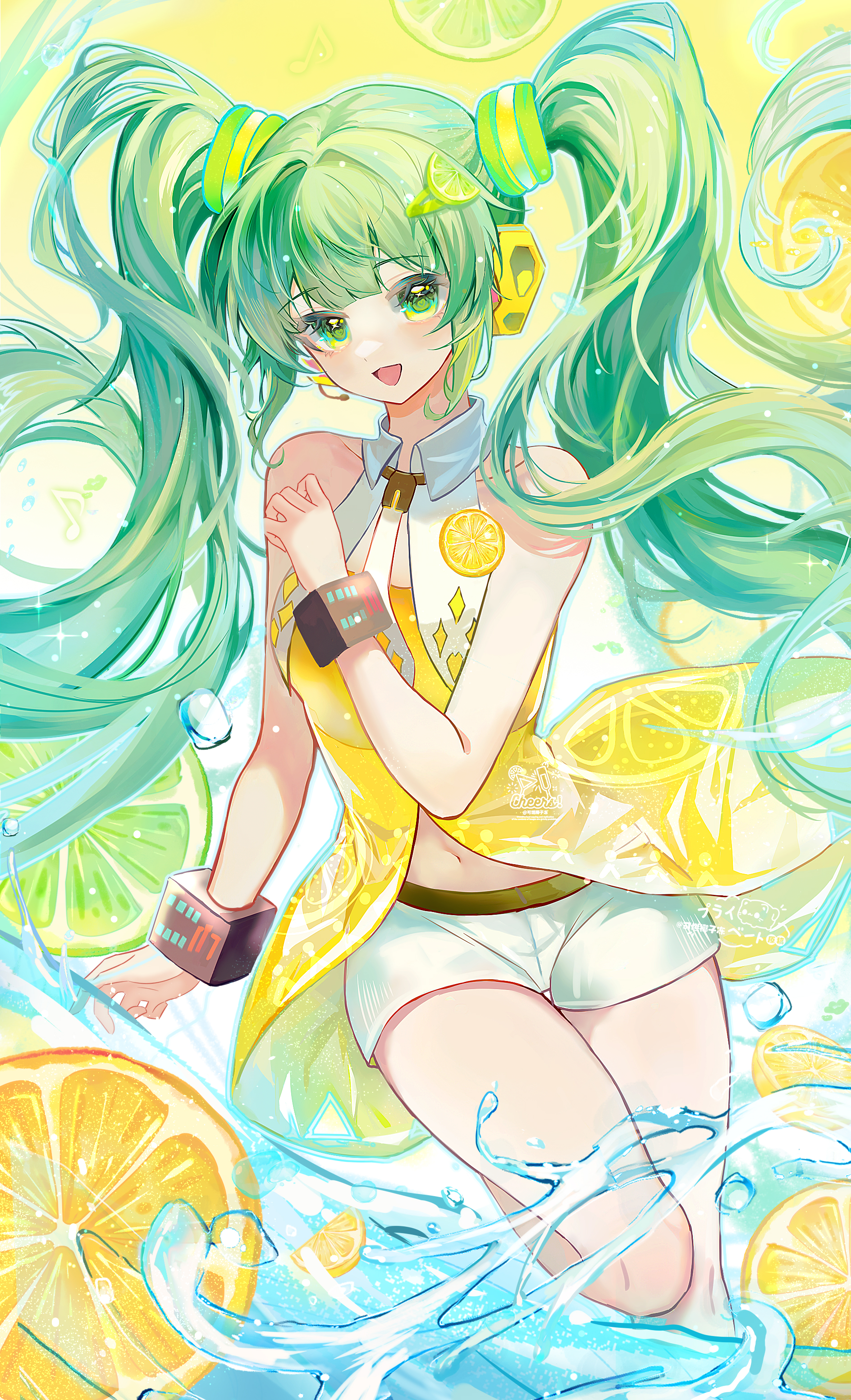 hatsune miku, vocaloid, absurdres, highres, 1girl, :d, bare shoulders, breasts, collared shirt, food, fruit, green eyes, green hair, hand up, headset, jin tang pingguo pai, lemon, lemon slice, long hair, looking at viewer, medium breasts, open mouth, shirt, short shorts, shorts, sleeveless, sleeveless shirt, smile, solo, twintails, very long hair, water, white shorts, yellow shirt