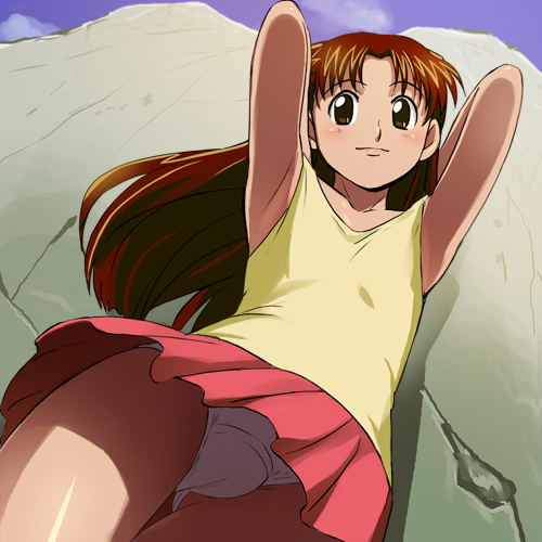 haruyama kazunori, haruka (kurogane), kurogane communication, lowres, 1990s (style), 1girl, armpits, brown eyes, brown hair, female focus, flat chest, long hair, outdoors, panties, pantyshot, retro artstyle, sky, solo, tank top, underwear, white panties