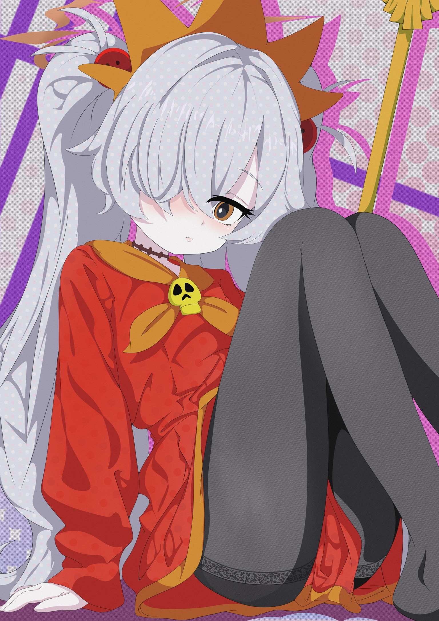uirou (uirou2024), ashley (warioware), kanoe (blue archive), blue archive, highres, 1girl, black pantyhose, blush, breasts, brown eyes, long hair, looking at viewer, pantyhose, sitting, small breasts, solo, twintails, white hair