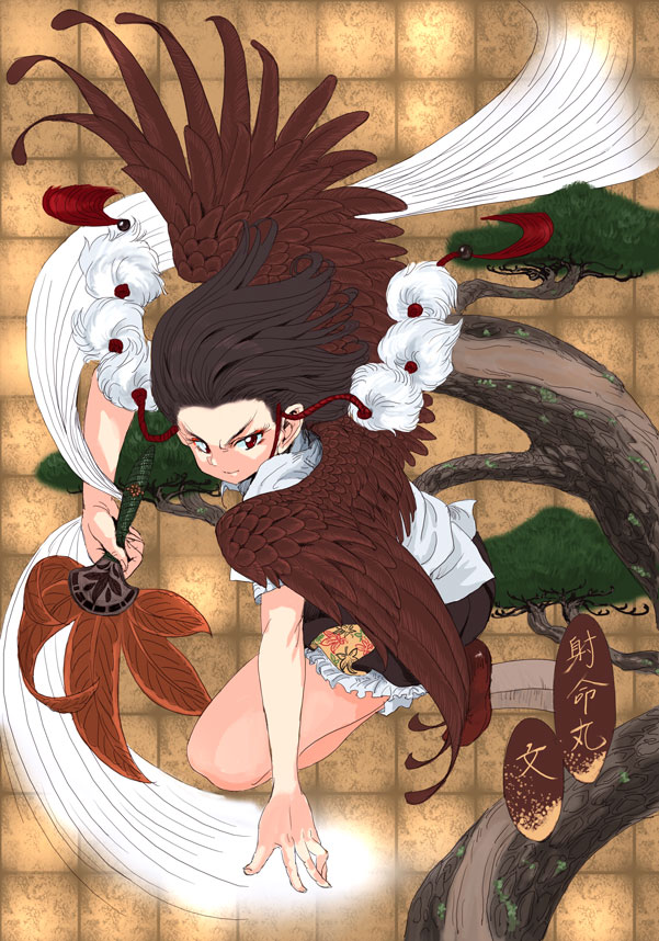 tsurui, shameimaru aya, touhou, 1girl, arm support, black hair, black wings, eyeshadow, female focus, forehead, geta, hand fan, hat, kneeling, makeup, red eyes, solo, tengu, tengu-geta, tokin hat, wings