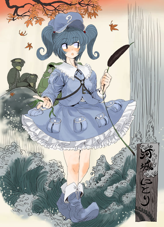 tsurui, kawashiro nitori, touhou, 1girl, :o, backpack, bag, blue hair, blush, female focus, hat, kappa, open mouth, reeds, solo, twintails, two side up, water, waterfall