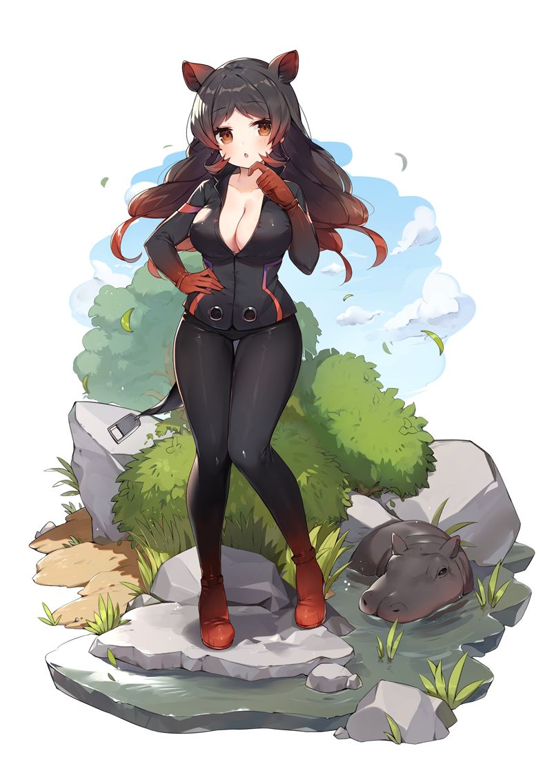 hippopotamus (kemono friends), kemono friends, kemono friends kingdom, official art, animal, animal ears, baby hippopotamus, breasts, brown eyes, cleavage, finger to own chin, gloves, hand on own hip, hippopotamus, hippopotamus ears, open mouth, red gloves, rivets, water