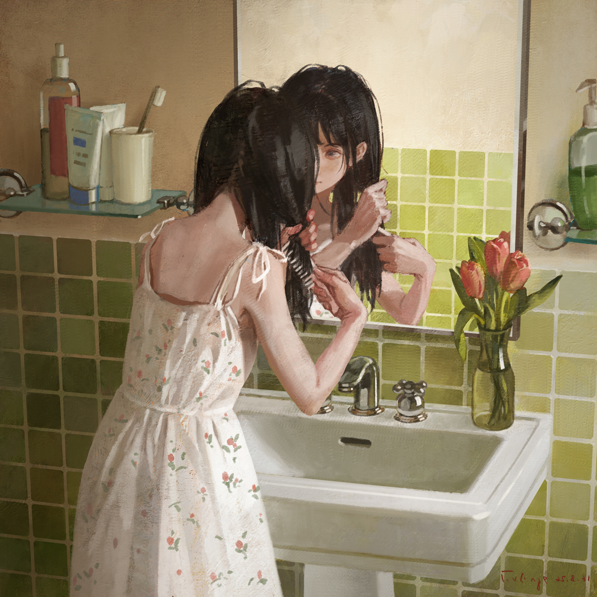 xiaobanbei milk, original, commentary request, highres, 1girl, bathroom, black eyes, black hair, brushing hair, closed mouth, comb, cowboy shot, dress, floral print, floral print dress, flower, from behind, indoors, long hair, mirror, print dress, reflection, signature, sink, sleeveless, soap bottle, solo, spaghetti strap, tile wall, tiles, toothbrush, tulip, vase, white dress