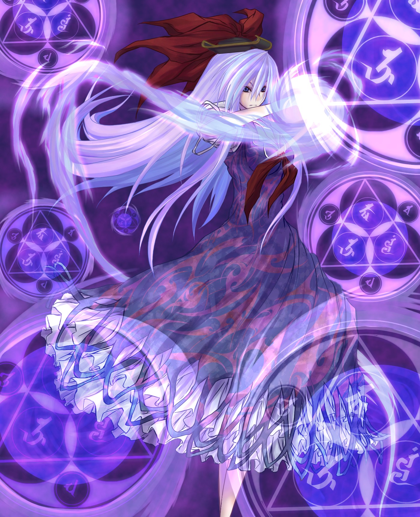 kamishirasawa keine, touhou, highres, 1girl, female focus, hat, long hair, magic circle, solo, standing