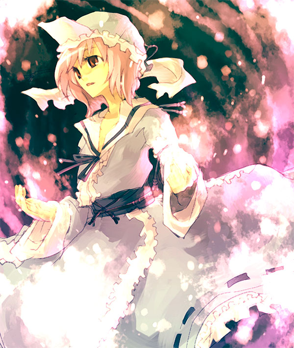 saigyouji yuyuko, touhou, 1girl, arm garter, collar, collarbone, cowboy shot, female focus, frills, hat, japanese clothes, kimono, long sleeves, mob cap, pink eyes, pink hair, sash, short hair, solo, triangular headpiece