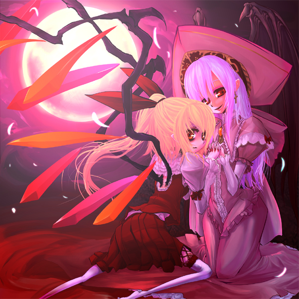 beshi, flandre scarlet, remilia scarlet, touhou, frilled legwear, 2girls, blonde hair, bow, dress, earrings, female focus, frills, full moon, hair bow, hat, holding hands, jewelry, kneeling, moon, multiple girls, ponytail, siblings, sisters, thighhighs, wings