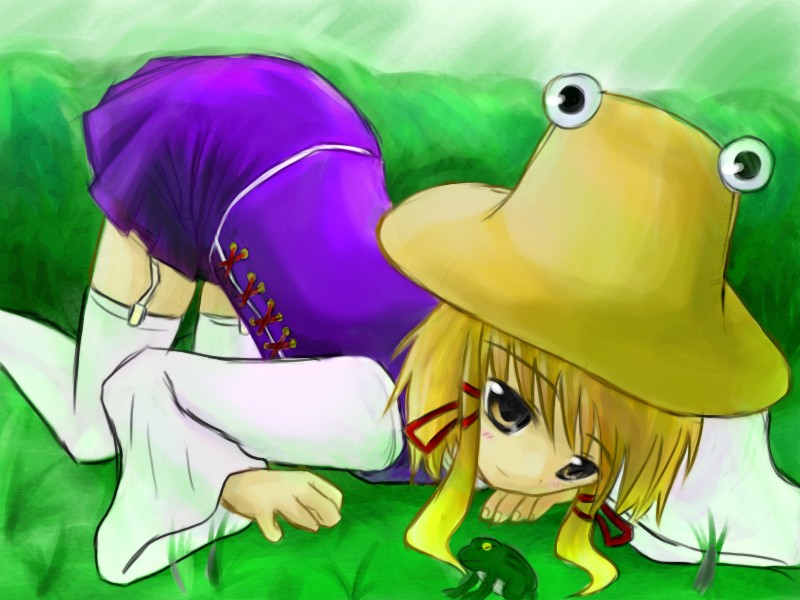 moriya suwako, touhou, 1girl, female focus, frog, hat, solo, thighhighs