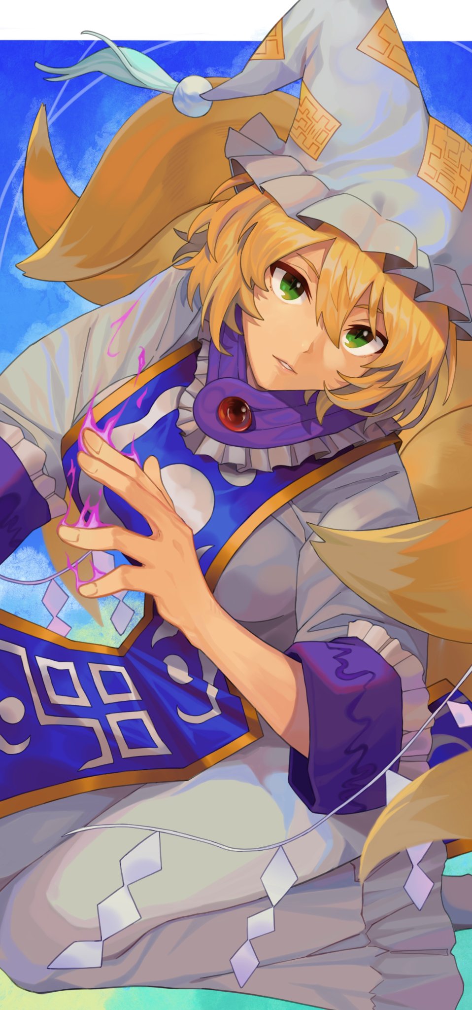 onionmay, yakumo ran, touhou, highres, 1girl, blue background, dress, fox girl, frilled hat, frills, green eyes, hat, kitsune, looking at viewer, multiple tails, purple tabard, solo, tabard, tail, white dress