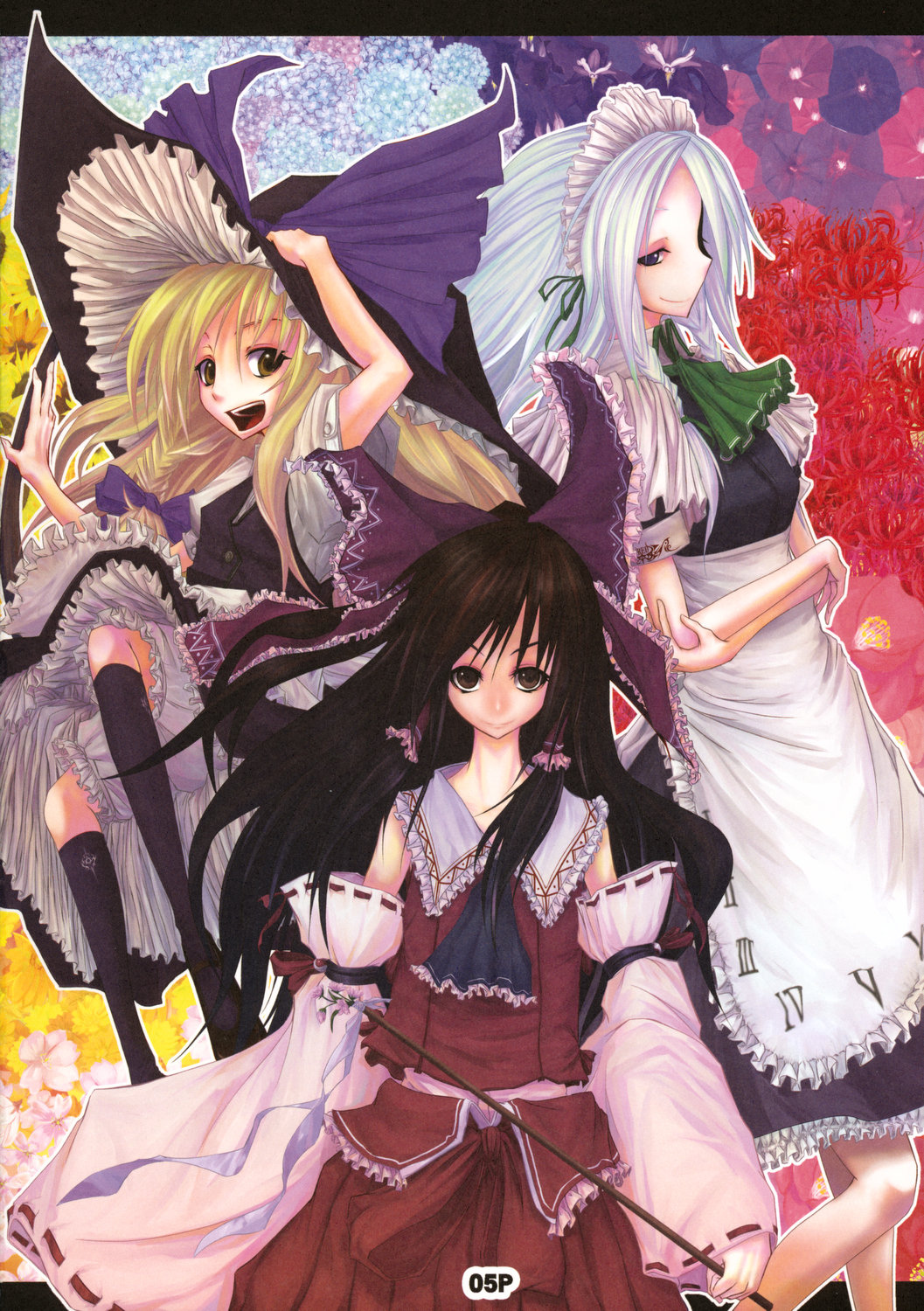 beshi, hakurei reimu, izayoi sakuya, kirisame marisa, touhou, highres, 3girls, black hair, blonde hair, bloomers, dress, female focus, hat, japanese clothes, maid, miko, multiple girls, plant, skirt, underwear, white hair, witch, witch hat