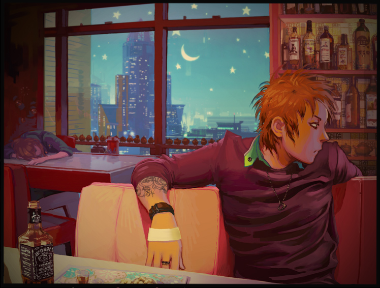 looking away, 1boy, 1girl, alcohol, drinking, moon, night, orange hair, punk, solo focus, star (symbol), tattoo