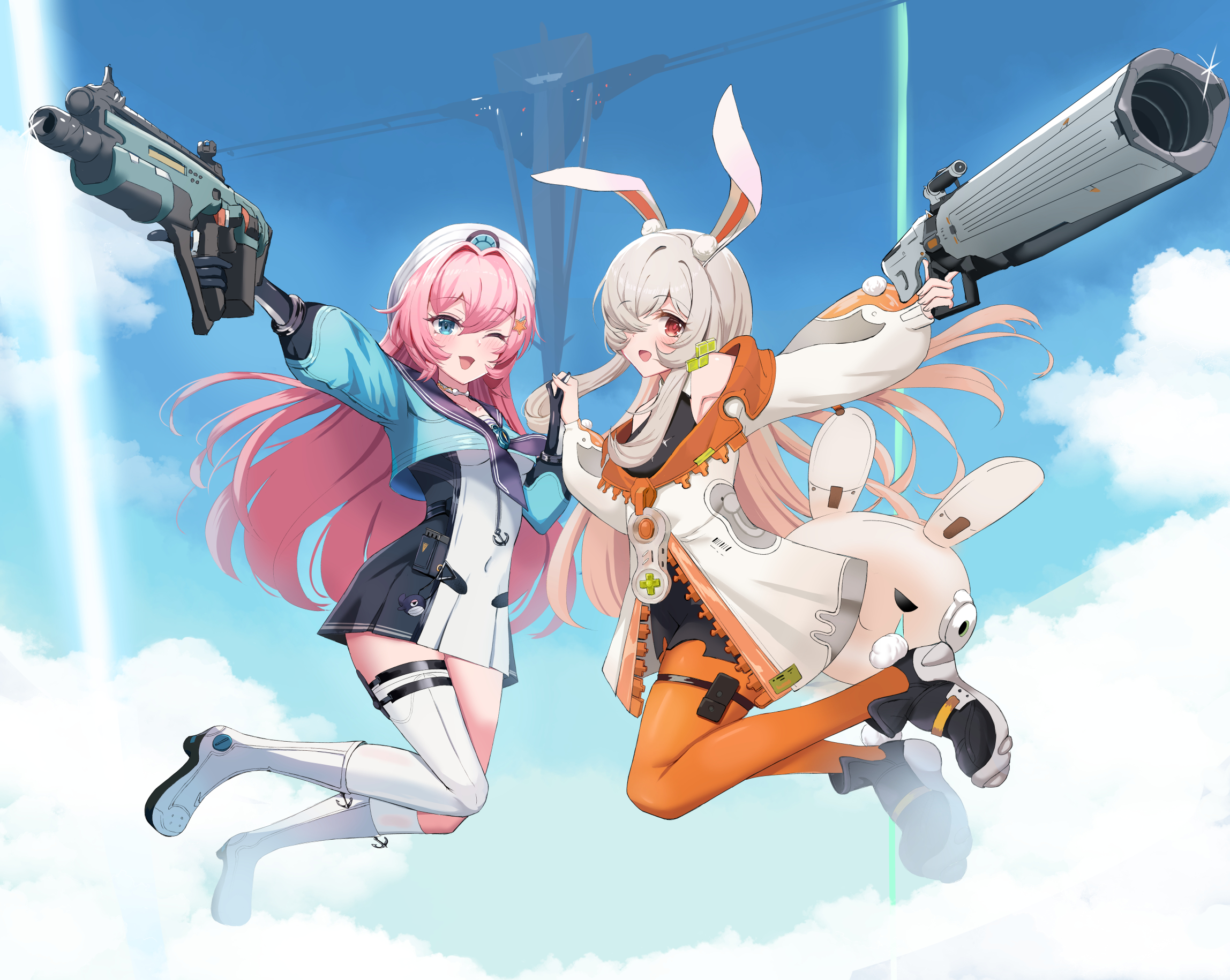 habu rin, commentary request, copyright request, highres, weapon request, 2girls, ;d, animal ear fluff, animal ears, bare shoulders, black dress, black gloves, black shoes, blue eyes, blue shirt, blue sky, boots, cloud, covered navel, crop top, day, dress, gloves, grey hair, gun, hair between eyes, hair over one eye, holding, holding gun, holding hands, holding weapon, interlocked fingers, jacket, kneehighs, long hair, long sleeves, multiple girls, off shoulder, one eye closed, open mouth, orange pantyhose, outdoors, pantyhose, pink hair, pleated dress, puffy long sleeves, puffy sleeves, purple sailor collar, rabbit ears, red eyes, sailor collar, shirt, shoes, single kneehigh, single sock, single thighhigh, sky, smile, socks, thighhighs, thighhighs under boots, very long hair, weapon, white boots, white jacket, white socks, white thighhighs
