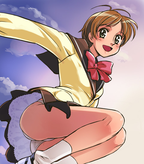 haruyama kazunori, kanzaki hitomi, tenkuu no escaflowne, 1990s (style), 1girl, ahoge, ass, bow, brown hair, brown skirt, day, female focus, flat chest, miniskirt, outdoors, panties, pantyshot, pink bow, retro artstyle, school uniform, serafuku, short hair, skirt, socks, solo, underwear, white socks