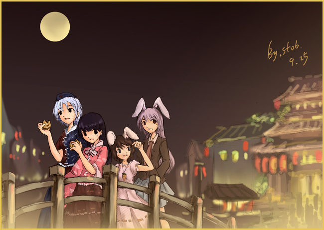 st06, houraisan kaguya, inaba tewi, reisen udongein inaba, yagokoro eirin, touhou, silver hair, 4girls, animal ears, black hair, carrot, dress, female focus, hat, long hair, moon, multiple girls, outdoors, purple hair, rabbit ears, short hair, sky, standing, two-tone dress