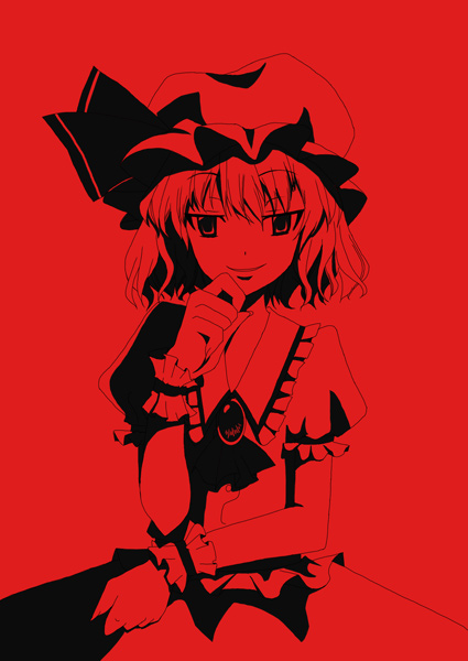 nishino miyuki, remilia scarlet, touhou, 1girl, female focus, high contrast, monochrome, red background, red theme, solo