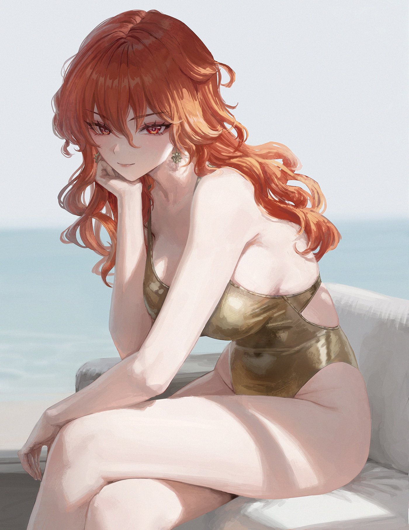 ddcc0123, augusta (wuthering waves), wuthering waves, commentary, english commentary, highres, 1girl, alternate costume, bare legs, bare shoulders, bikini, blurry, blurry background, breasts, casual one-piece swimsuit, closed mouth, collarbone, covered navel, crossed legs, earrings, feet out of frame, from side, gold bikini, gold one-piece swimsuit, hair between eyes, jewelry, large breasts, legs, long hair, looking at viewer, looking to the side, one-piece swimsuit, orange hair, sitting, smile, solo, sun earrings, swimsuit, thighs