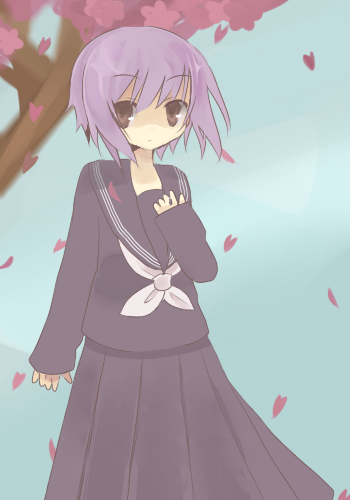 nagato yuki, suzumiya haruhi no yuuutsu, lowres, 00s, 1girl, female focus, school uniform, serafuku, solo