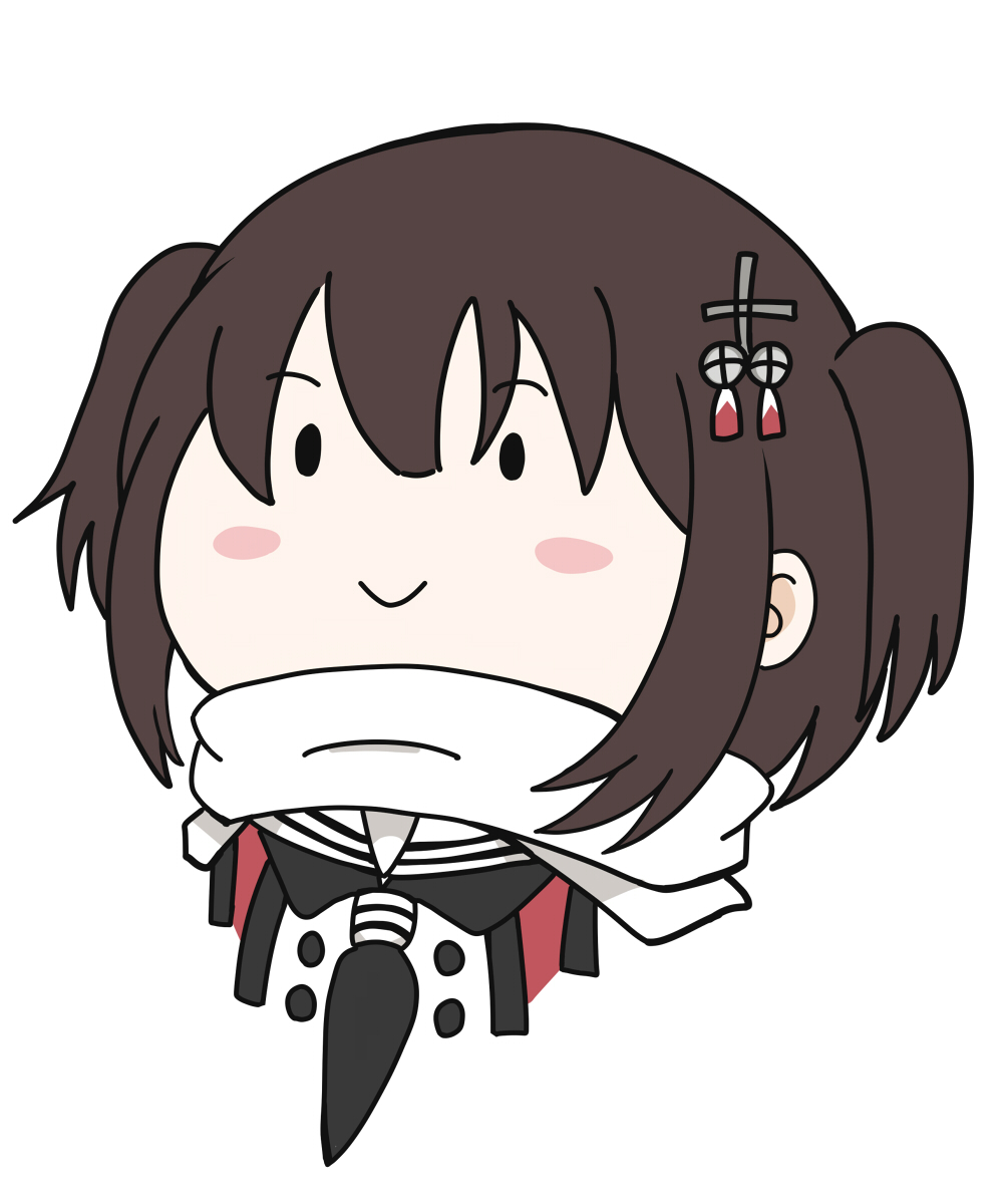 dairyo3, sendai (kancolle), sendai kai ni (kancolle), kantai collection, highres, 1girl, black hair, black neckerchief, blush stickers, buttons, double-breasted, neckerchief, red shirt, sailor collar, scarf, shirt, simple background, smile, solid oval eyes, solo, two side up, upper body, white background, white sailor collar, white scarf