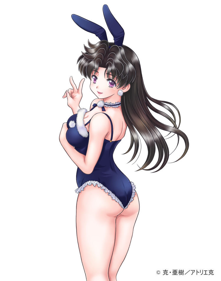 katsu aki, onoda yura, futari ecchi, 1girl, animal ears, ass, bare legs, black hair, blue leotard, breasts, choker, cleavage, earrings, fake animal ears, frilled leotard, frills, from behind, fur trim, jewelry, large breasts, leotard, lipstick, long hair, looking at viewer, looking back, makeup, playboy bunny, purple eyes, rabbit ears, simple background, smile, solo, standing, v, white background
