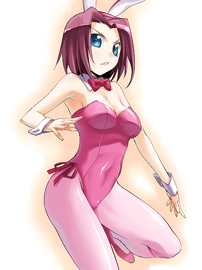 chikugen shiina, kouzuki kallen, code geass, 00s, animal ears, fake animal ears, leotard, pantyhose, pink pantyhose, playboy bunny, rabbit ears, solo