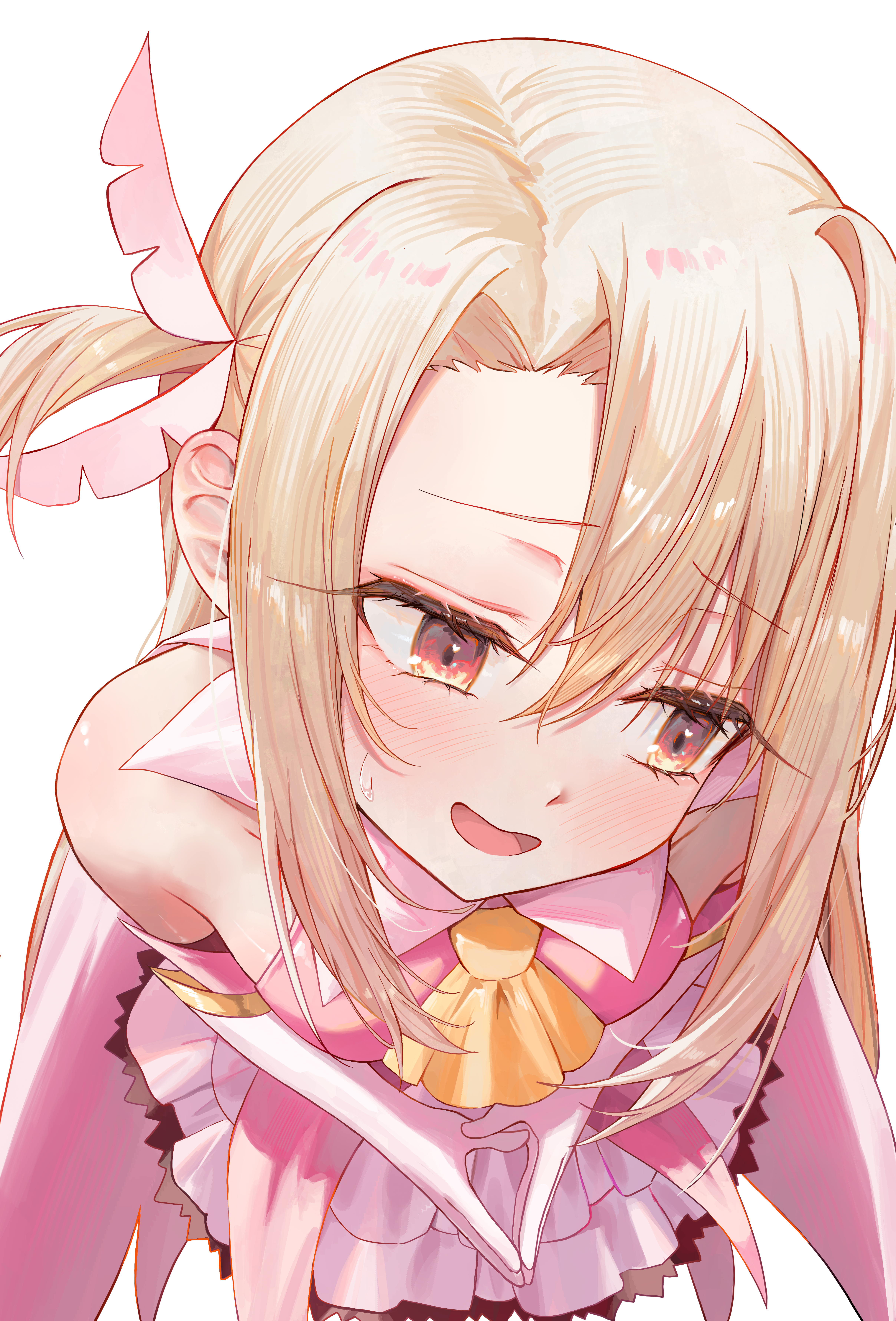 kaze 22, illyasviel von einzbern, prisma illya, fate/kaleid liner prisma illya, fate (series), absurdres, commentary, highres, korean commentary, 1girl, averting eyes, bare shoulders, blonde hair, breasts, dress, feather hair ornament, feathers, gloves, hair ornament, long hair, looking to the side, open mouth, pink dress, red eyes, small breasts, solo, two side up