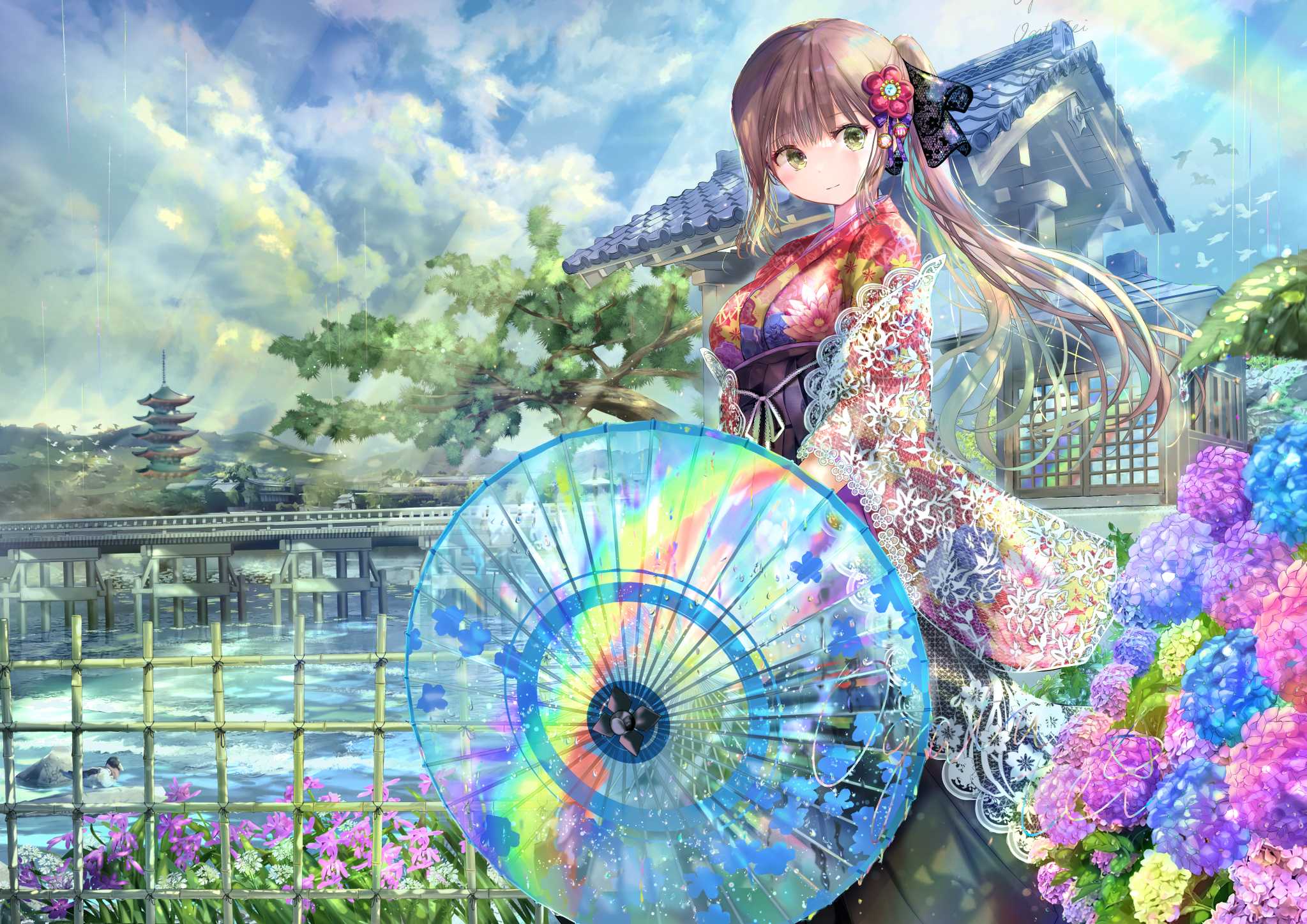 ogata tei, original, highres, 1girl, architecture, brown hair, day, east asian architecture, flower, green eyes, green hakama, hakama, hakama skirt, hydrangea, japanese clothes, kimono, long hair, looking at viewer, oil-paper umbrella, outdoors, ponytail, see-through clothes, skirt, umbrella