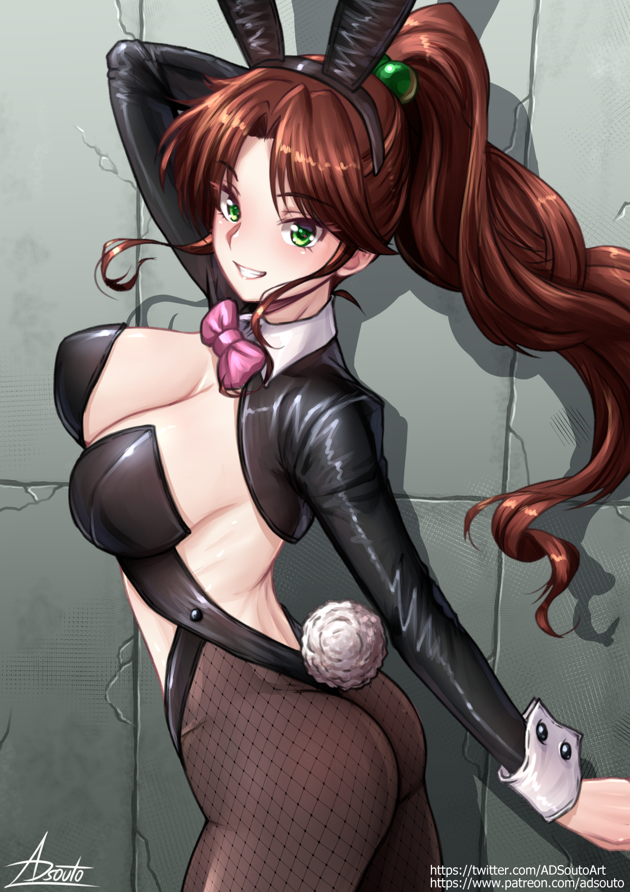 adsouto, kino makoto, bishoujo senshi sailor moon, highres, 1girl, animal ears, bow, bowtie, breasts, brown hair, cleavage, fake animal ears, fishnet pantyhose, fishnets, green eyes, hair bobbles, hair ornament, impossible clothes, impossible leotard, large breasts, leotard, long hair, pantyhose, parted bangs, pink bow, pink bowtie, playboy bunny, rabbit ears, rabbit tail, shrug (clothing), solo, strapless, strapless leotard, tail, white wrist cuffs, wrist cuffs
