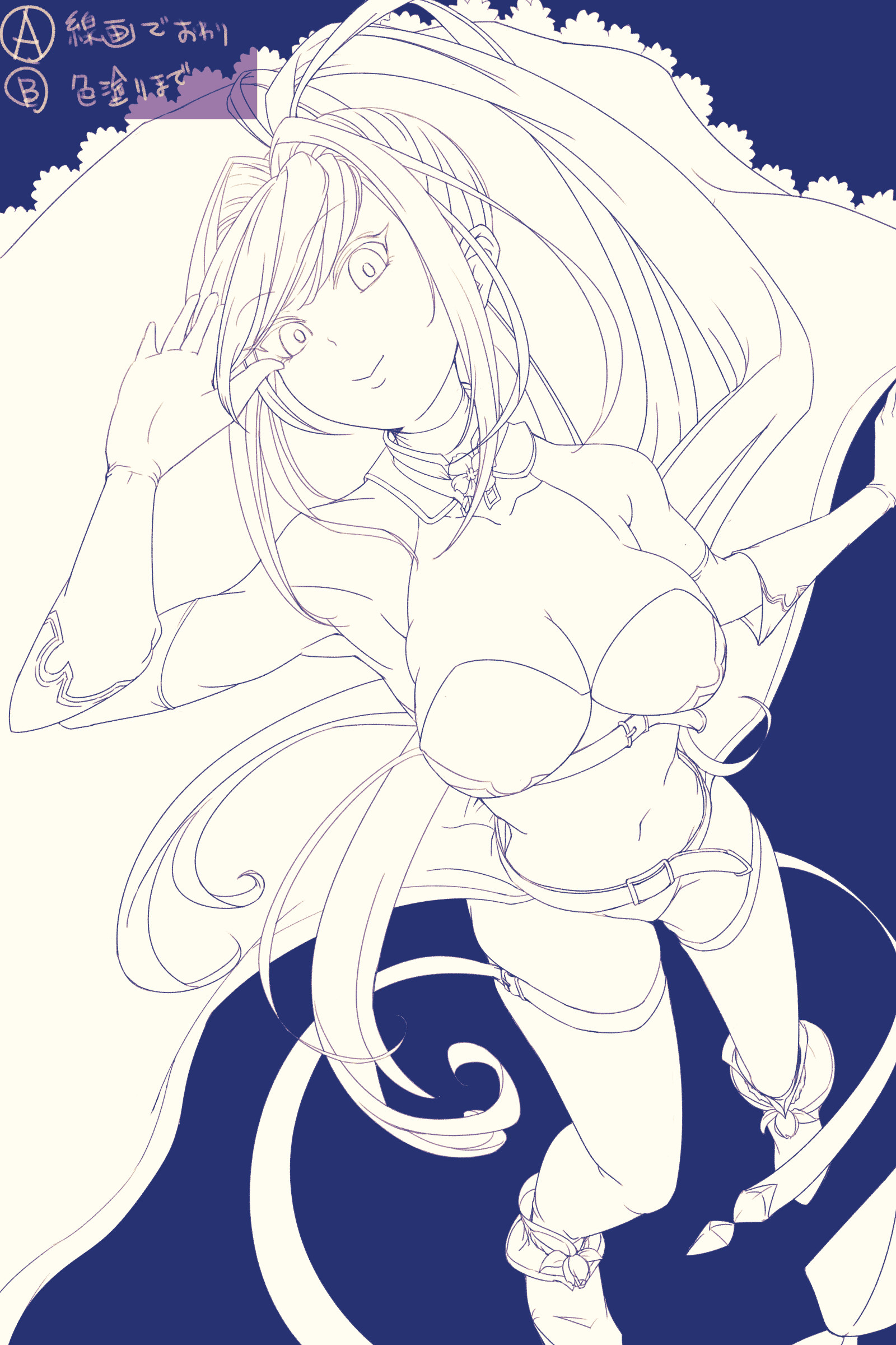 saishichi, thumbelina (grimms notes), grimms notes, unfinished, 1girl, breasts, closed mouth, long hair, ponytail, smile, solo