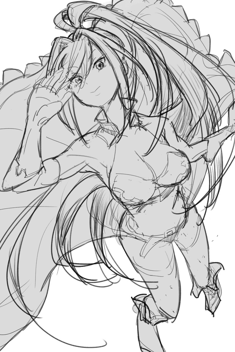saishichi, thumbelina (grimms notes), grimms notes, unfinished, 1girl, breasts, closed mouth, long hair, ponytail, sketch, smile, solo