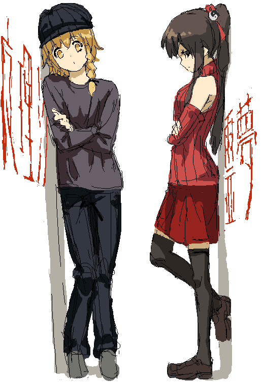 hino hikaru, hakurei reimu, kirisame marisa, touhou, 2girls, against wall, alternate costume, braid, casual, contemporary, crossed arms, detached sleeves, female focus, full body, hat, japanese clothes, miko, multiple girls, newsboy cap, pants, ponytail, short hair, sketch, skirt, sweater, thighhighs, vest, white background