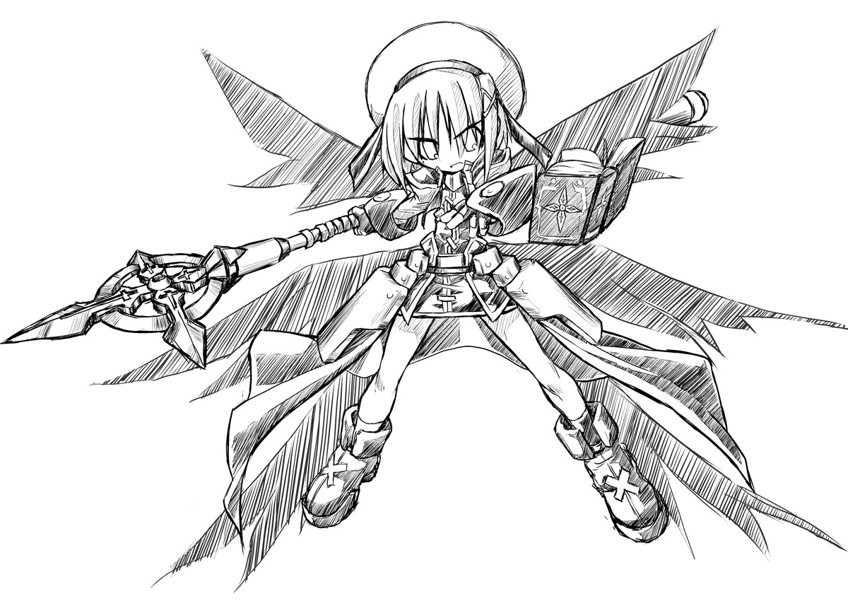 schwertkreuz, tome of the night sky, yagami hayate, lyrical nanoha, mahou shoujo lyrical nanoha, mahou shoujo lyrical nanoha a's, 00s, 1girl, book, female focus, greyscale, hair ornament, monochrome, sketch, solo, staff, x hair ornament