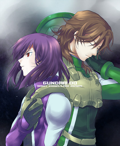 nekomori don, lockon stratos, tieria erde, gundam, gundam 00, pilot suit, 00s, 2boys, bodysuit, brown hair, closed eyes, male focus, multiple boys, purple hair, red eyes, short hair