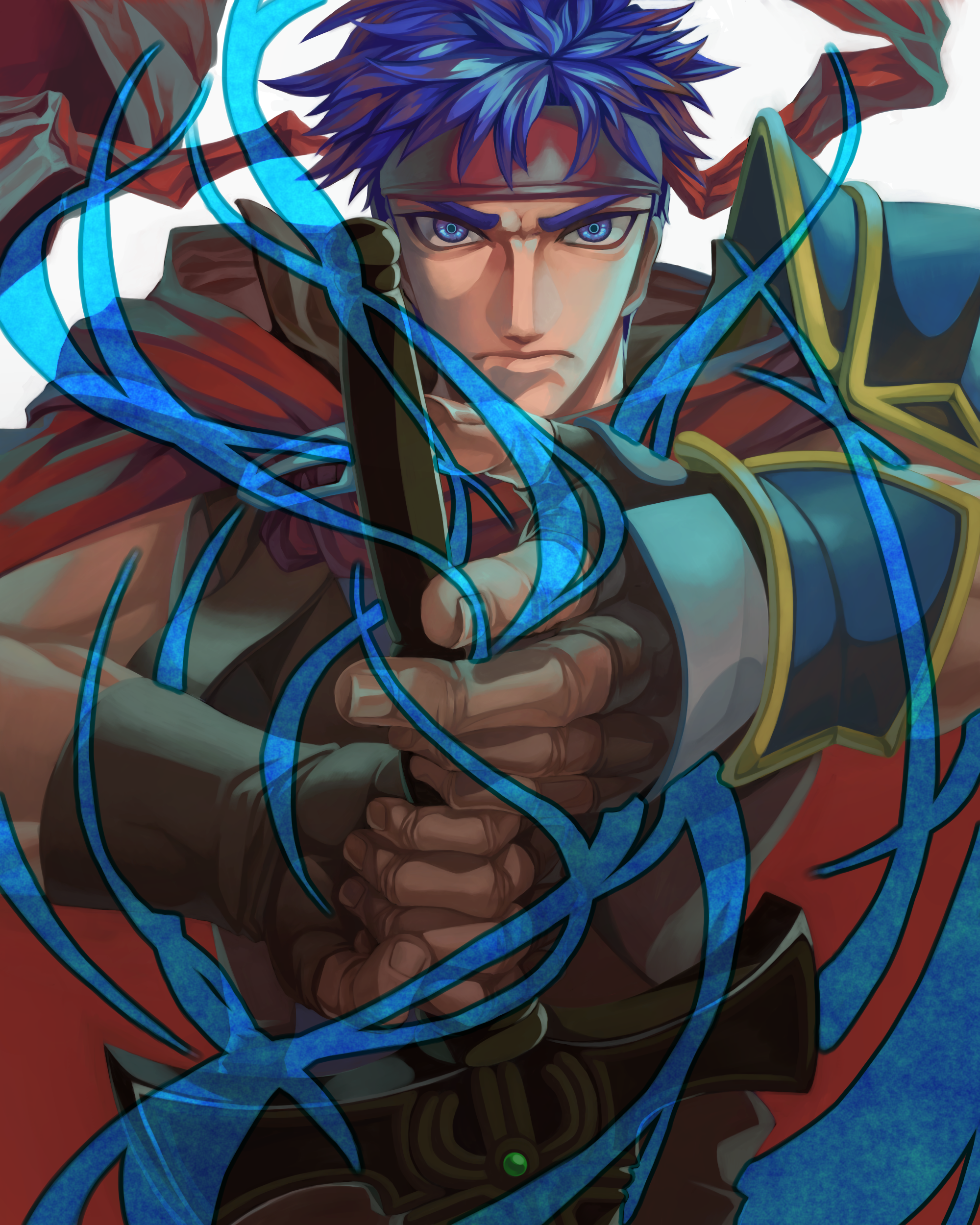 tamaro pompom, ike (fire emblem), ike (vanguard legend) (fire emblem), fire emblem, fire emblem: radiant dawn, nintendo, absurdres, commentary request, highres, 1boy, armor, blue eyes, blue hair, closed mouth, headband, holding, holding sword, holding weapon, looking at viewer, male focus, red headband, short hair, solo, sword, weapon