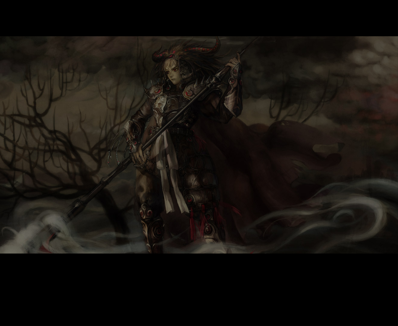tomatika, original, tagme, armor, dark, fantasy, letterboxed, red eyes, scythe, solo