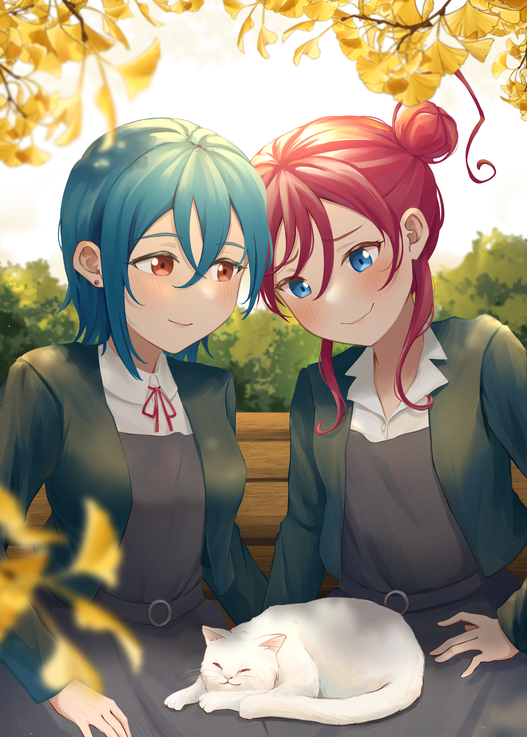risai, wakana shiki, yoneme mei, love live!, love live! superstar!!, absurdres, commentary, highres, 2girls, blue eyes, blue hair, blush, brown eyes, cat, closed mouth, earrings, hair between eyes, hair bun, jacket, jewelry, medium hair, multiple girls, neck ribbon, open clothes, open jacket, outdoors, red hair, red ribbon, ribbon, school uniform, yuigaoka school uniform