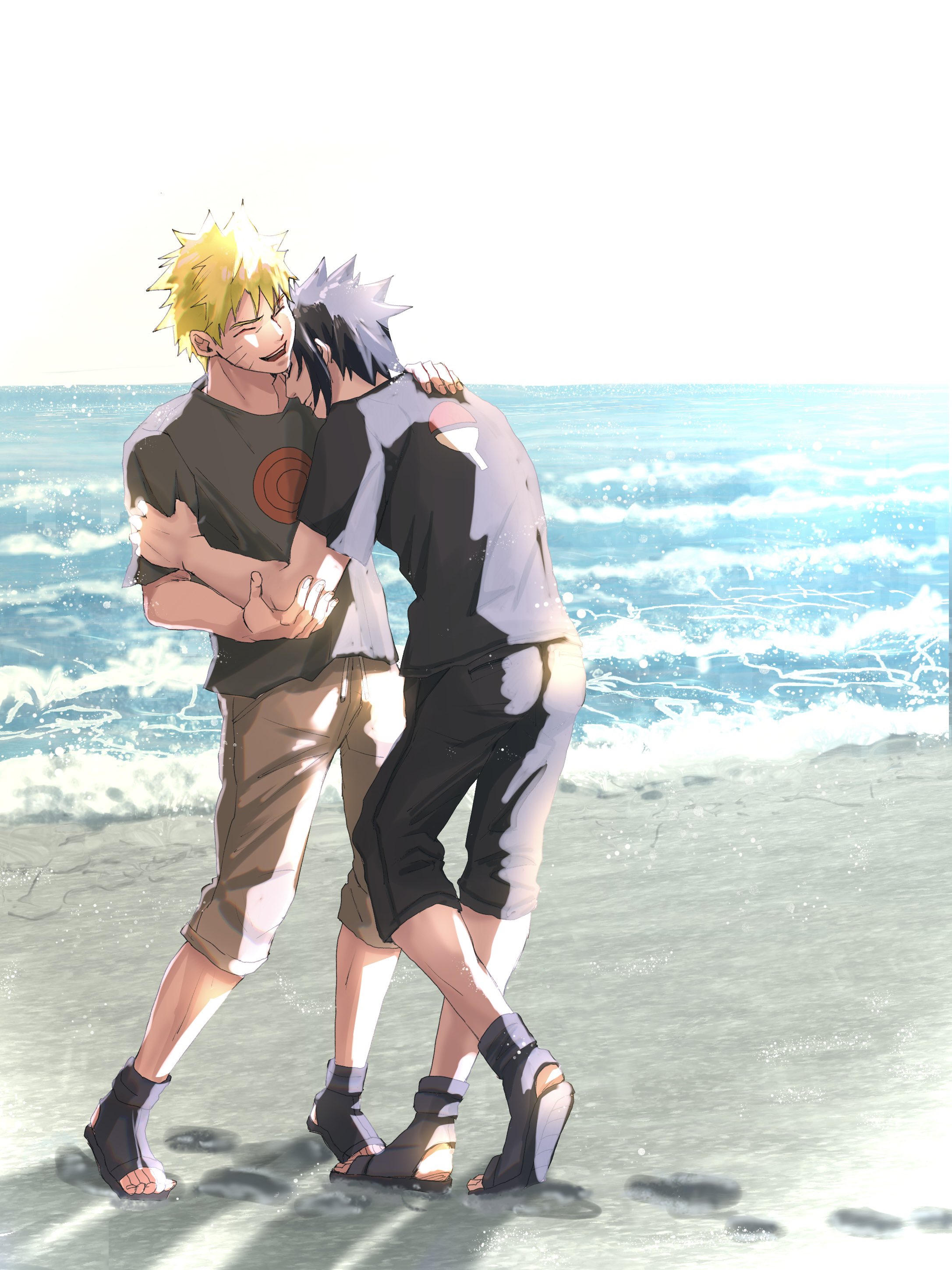 mi73suki, uchiha sasuke, uzumaki naruto, naruto (classic), naruto (series), absurdres, commentary, english commentary, highres, 2boys, beach, black hair, black pants, black shirt, black shoes, blonde hair, blue shirt, brown pants, capri pants, closed eyes, facial mark, fingernails, full body, hand on another's arm, hand on another's shoulder, male focus, multiple boys, ocean, open mouth, outdoors, pants, print shirt, sandals, shirt, shoes, short hair, short sleeves, sky, smile, whisker markings, yaoi