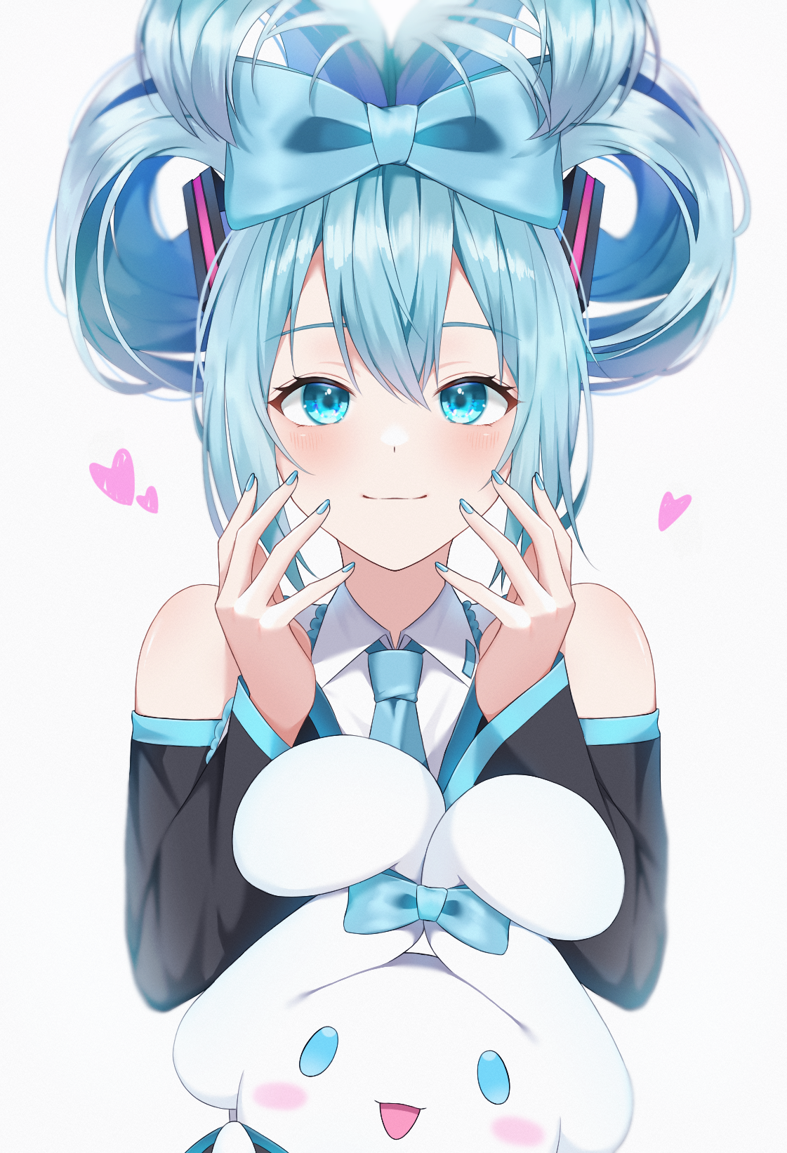 wanko (yurika0320), hatsune miku, vocaloid, commentary request, highres, 1girl, bare arms, blue bow, blue eyes, blue hair, blue nails, blue necktie, blush, bow, closed mouth, collared shirt, detached sleeves, double-parted bangs, fingernails, hair rings, headset, heart, long sleeves, looking at viewer, medium hair, necktie, shirt, sidelocks, simple background, smile, solo, stuffed animal, stuffed rabbit, stuffed toy, upper body, white background, white shirt