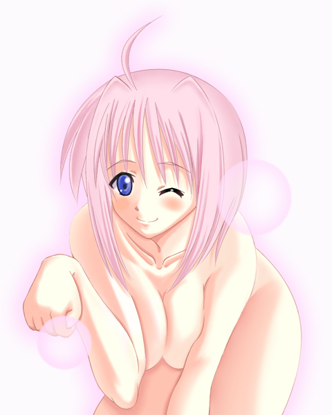 caro ru lushe, lyrical nanoha, mahou shoujo lyrical nanoha, mahou shoujo lyrical nanoha strikers, 00s, aged up, nude, one eye closed, solo, wink