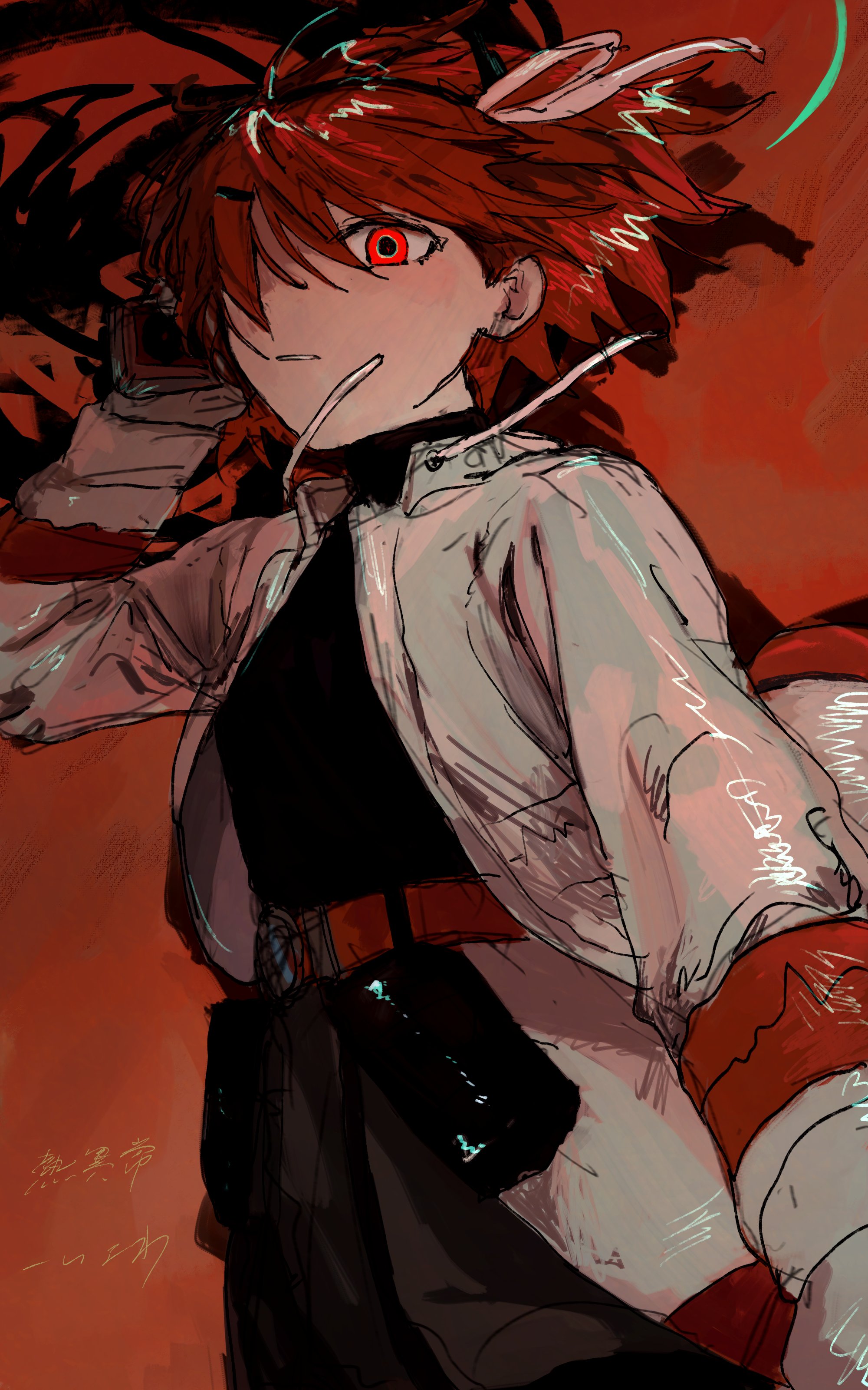 adachi rei, utau, absurdres, highres, 1girl, belt, black shirt, blush, culottes, drawstring, from below, hair between eyes, hair ornament, hair ribbon, hairclip, hand in own hair, headgear, jacket, long sleeves, looking at viewer, lower body, medium hair, multicolored hair, naresaka menko, open clothes, open jacket, orange background, orange belt, orange eyes, orange hair, parted lips, radio antenna, ribbon, shirt, simple background, solo, turtleneck, underwear, white jacket, white ribbon
