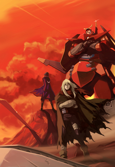 imo works, gurren-lagann, simon (ttgl), viral (ttgl), tengen toppa gurren lagann, brown footwear, silver hair, 00s, 2boys, bandaged arm, bandaged leg, bandages, belt, black cape, black pants, boots, cape, closed mouth, cloud, emblem, expressionless, full body, glint, knee boots, long hair, male focus, manly, mecha, multiple boys, outdoors, pale skin, pants, red scarf, red sky, robot, rock, scarf, sidelocks, sky, standing