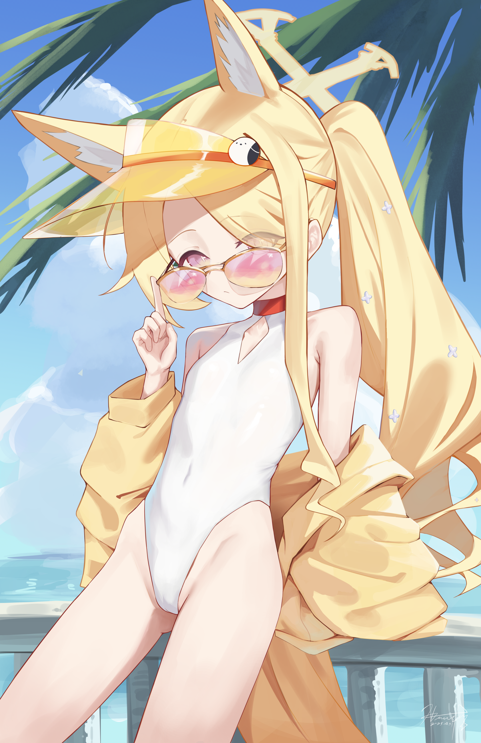 honashi, seia (blue archive), seia (swimsuit) (blue archive), blue archive, absurdres, highres, paid reward available, 1girl, animal ears, blonde hair, breasts, flat chest, fox ears, fox girl, fox tail, halo, jacket, long hair, looking over eyewear, official alternate costume, one-piece swimsuit, outdoors, small breasts, solo, sunglasses, swimsuit, tail, tinted eyewear, visor cap, white one-piece swimsuit, yellow halo, yellow jacket