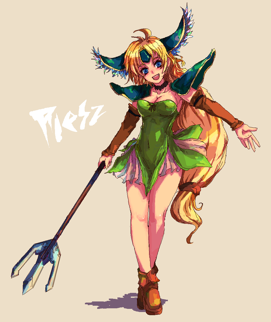 kara (color), riesz, seiken densetsu, seiken densetsu 3, 1girl, :d, blonde hair, blue eyes, breasts, character name, cleavage, crossed legs, detached sleeves, female focus, large breasts, legs, long hair, low-tied long hair, miniskirt, open mouth, polearm, skirt, smile, solo, spear, standing, watson cross, weapon