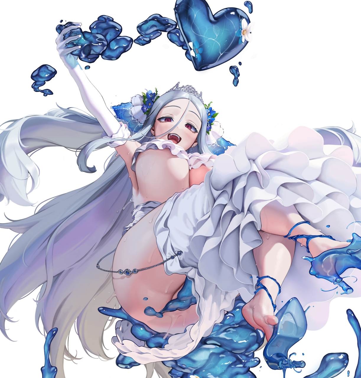 letdie1414, morpeah (brown dust), brown dust (series), brown dust 2, highres, variant set, 1girl, ass, blue shoes, breasts, bridal gauntlets, bridal veil, cleavage, dress, from below, gloves, grey hair, hair between eyes, heart, high heels, hydrokinesis, large breasts, long hair, looking at viewer, open mouth, shoes, simple background, smile, soles, solo, stiletto heels, teeth, tiara, toes, underboob, veil, very long hair, water, wedding dress, white background, white gloves