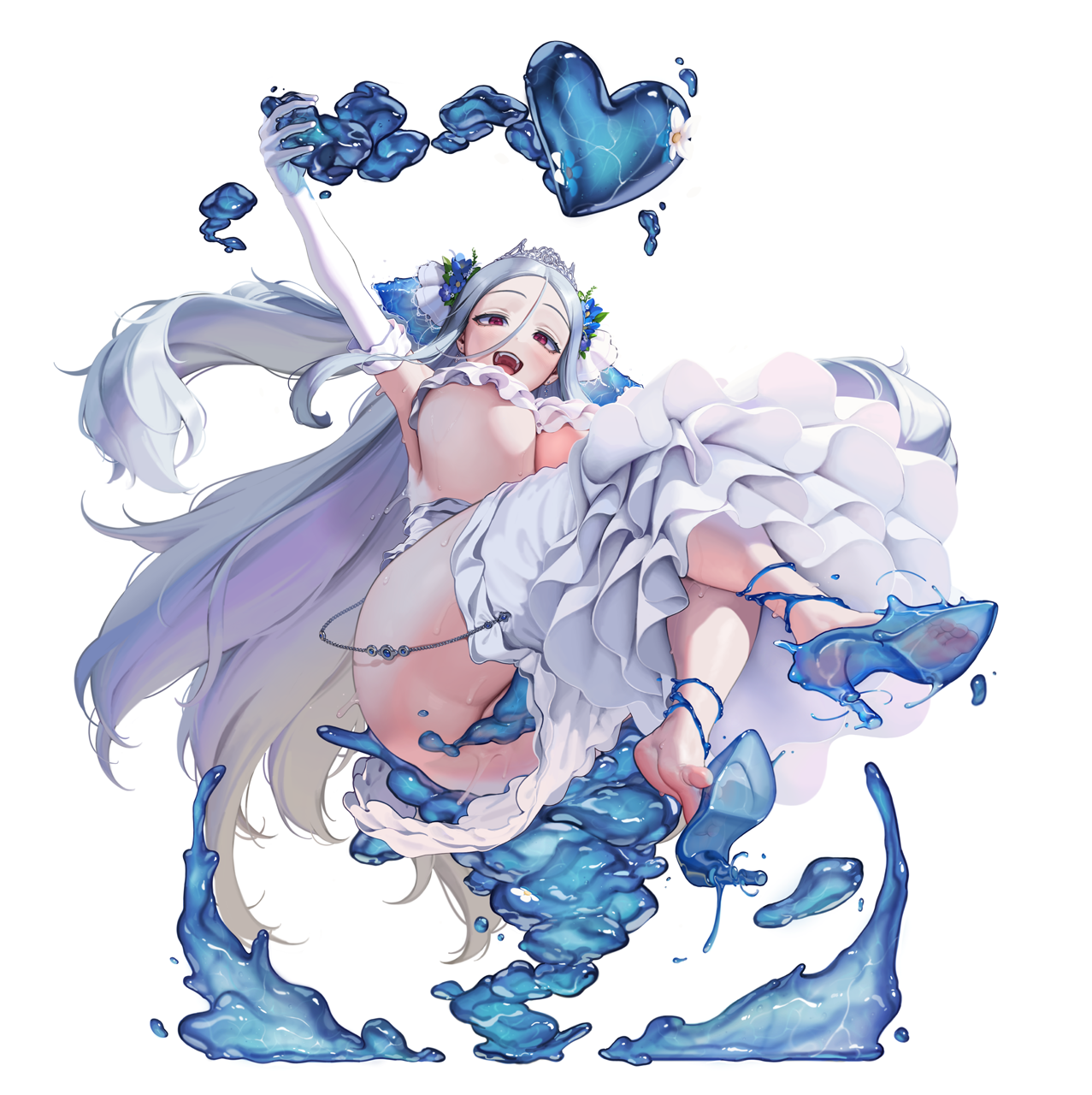 letdie1414, morpeah (brown dust), brown dust (series), brown dust 2, highres, variant set, 1girl, ass, blue shoes, breasts, bridal gauntlets, bridal veil, cleavage, dress, from below, full body, gloves, grey hair, hair between eyes, heart, high heels, hydrokinesis, large breasts, long hair, looking at viewer, open mouth, shoes, simple background, smile, soles, solo, stiletto heels, teeth, tiara, toes, underboob, veil, very long hair, water, wedding dress, white background, white gloves