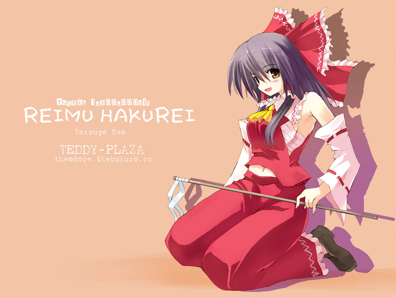 hakurei reimu, imperishable night, touhou, beige background, 1girl, :o, armpits, ascot, bare shoulders, black shoes, blonde hair, bow, breasts, character name, detached sleeves, female focus, full body, gohei, hair bow, hair tubes, holding, large breasts, loafers, long sleeves, looking at viewer, navel, open mouth, red bow, red skirt, ribbon-trimmed sleeves, ribbon trim, sarashi, shoes, sideboob, sidelocks, simple background, skirt, solo, stick, vest, yellow ascot