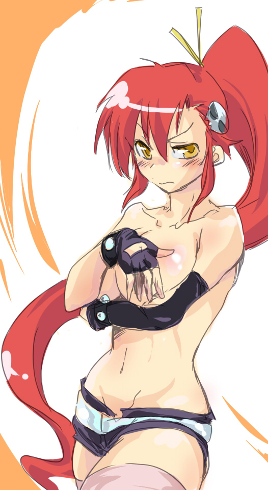 soyoking, yoko littner, tengen toppa gurren lagann, 00s, 1girl, breasts, cleavage, female focus, large breasts, long hair, ponytail, red hair, solo, thighhighs, topless female
