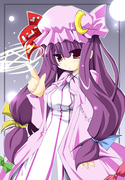 patchouli knowledge, touhou, 1girl, breasts, female focus, hat, long hair, magic circle, pentagram, purple eyes, purple hair, ribbon, solo