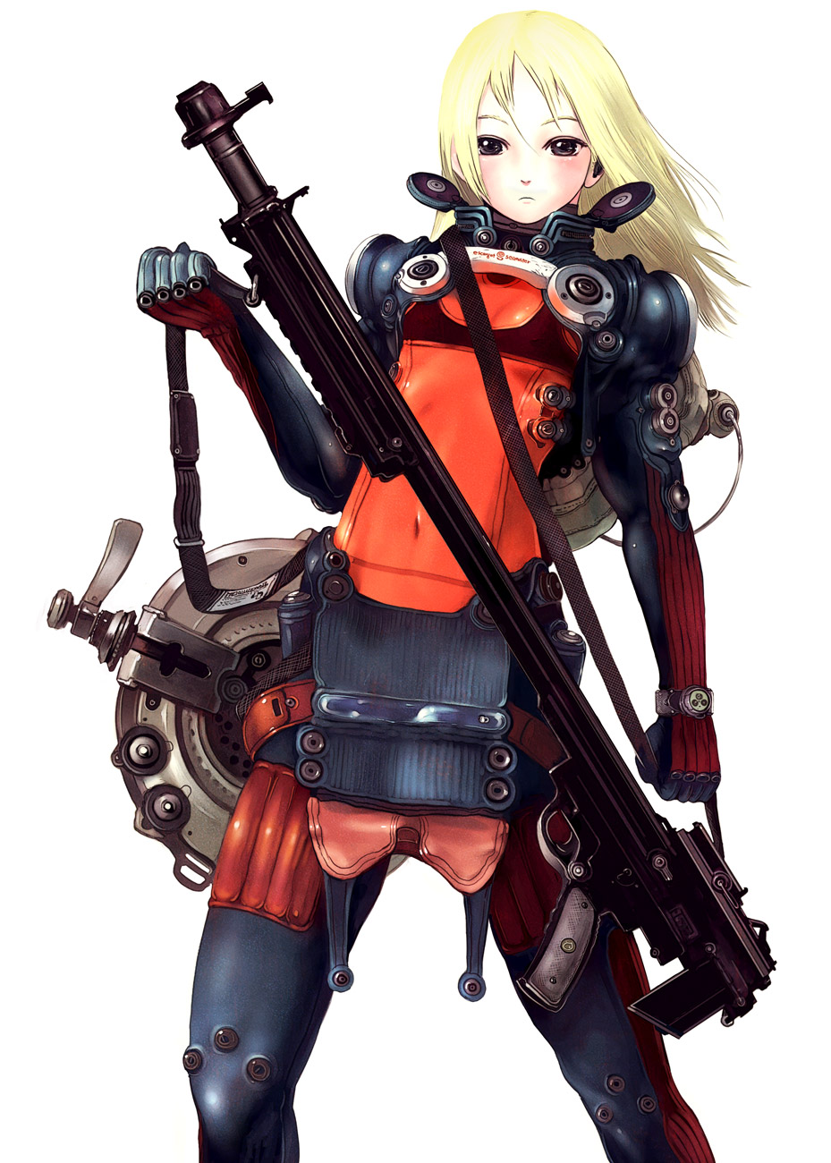 nagasawa shin, original, highres, 1girl, armor, blonde hair, blue eyes, bodysuit, female focus, gun, rifle, solo, weapon