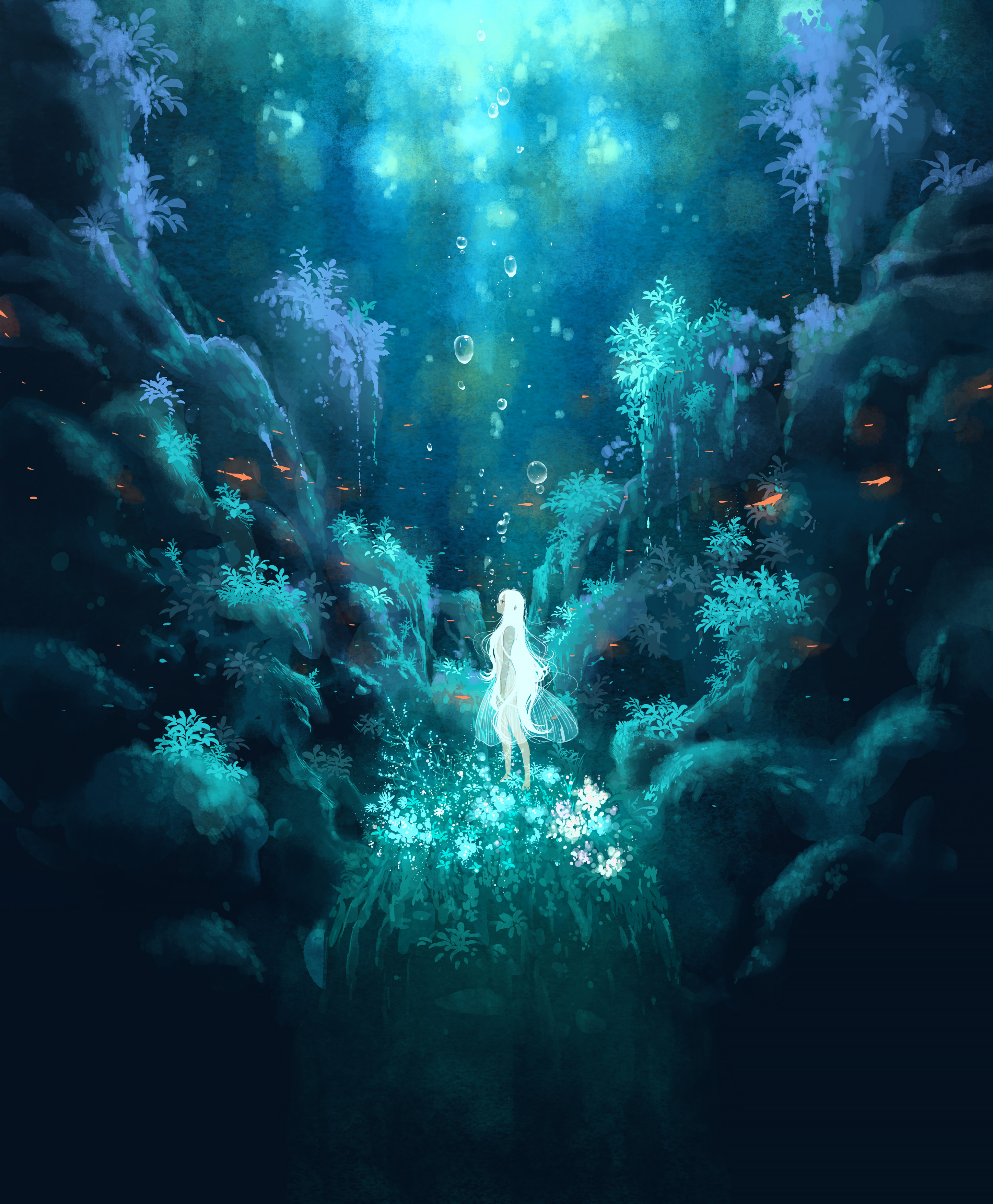 kazami (kuroro), absurdres, highres, 1girl, air bubble, barefoot, blue theme, bubble, dress, fish, flower, light rays, long hair, nature, scenery, solo, underwater, very long hair, white dress, white hair