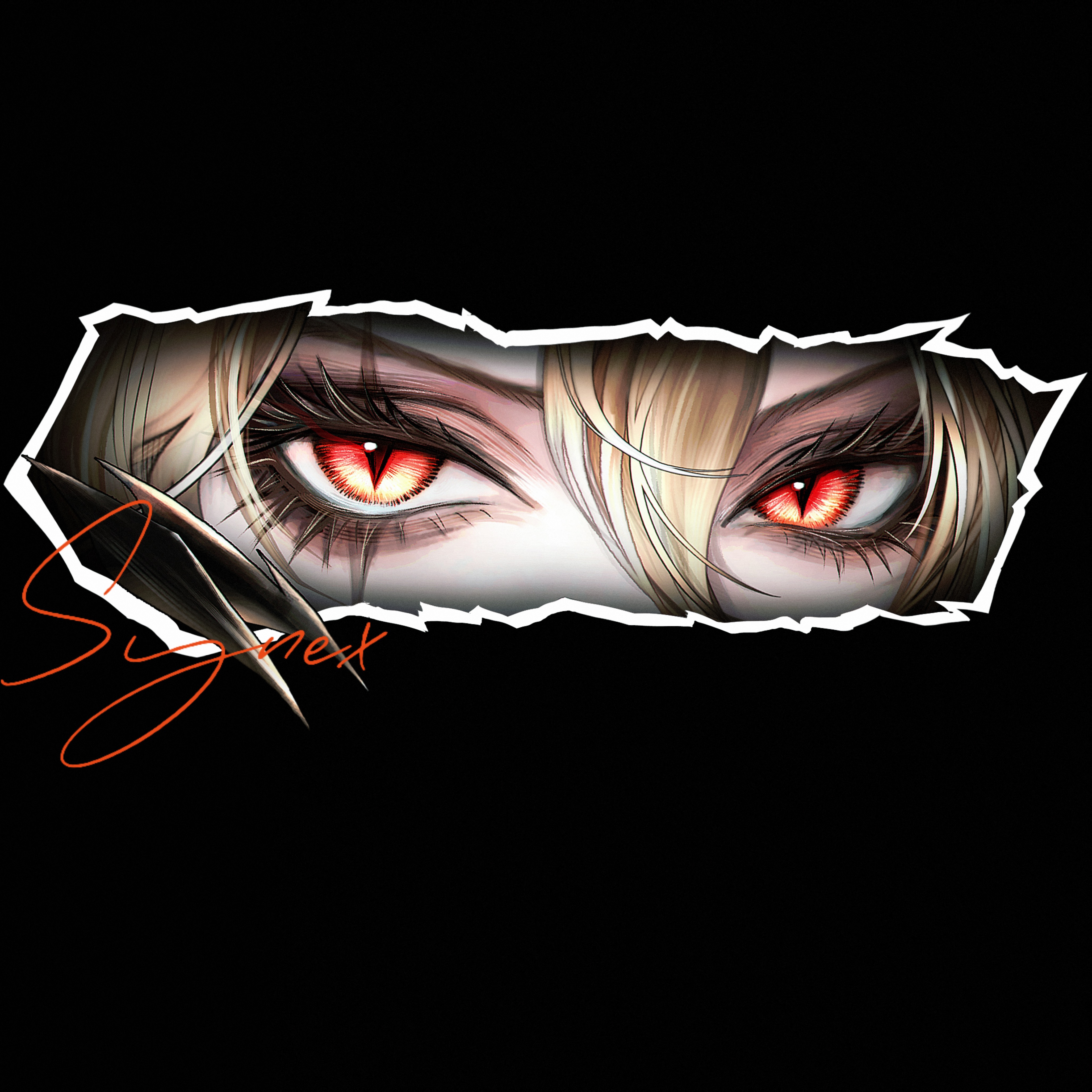 yu zhezhe, synex (path to nowhere), path to nowhere, absurdres, chinese commentary, commentary, highres, 1girl, black background, blonde hair, character name, claws, eye focus, eyelashes, hair between eyes, looking at viewer, red eyes, simple background, slit pupils, solo
